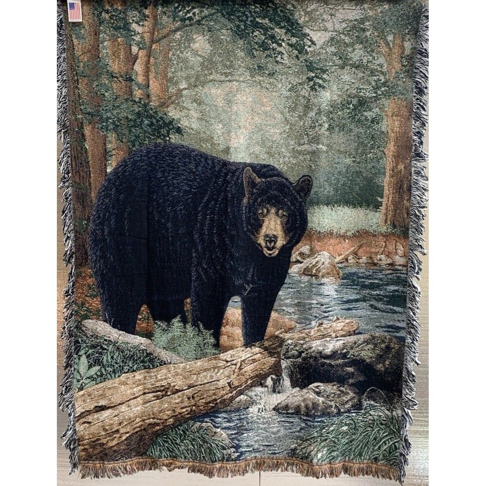 Black Bear Woven Tapestry Throw Blanket with Fringe Wall Hanging 51 in. x 68 in.